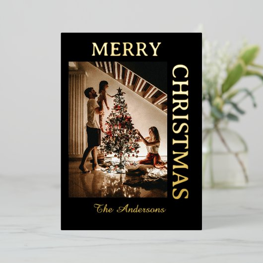 黒エレガント金フォイル休日のフォトカード 箔シーズンカード (立ち正面)