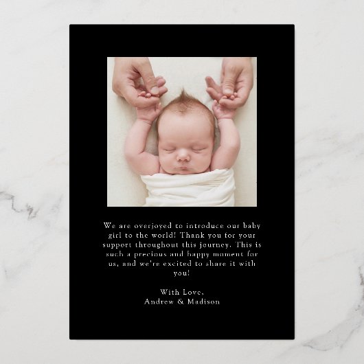 黒エレガント金フォイル弓誕生のお知らせ 箔招待状 (裏面)