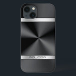 黒エレガント金属プリント銀アクセント iPhone 13ケース<br><div class="desc">光沢のあるエレガント黒いメタリックテクスチャプリント、ステンレススティールルック、銀のアクセントとストライプモノグラムカスタム。スリモダンックトレンディーデザイン。</div>
