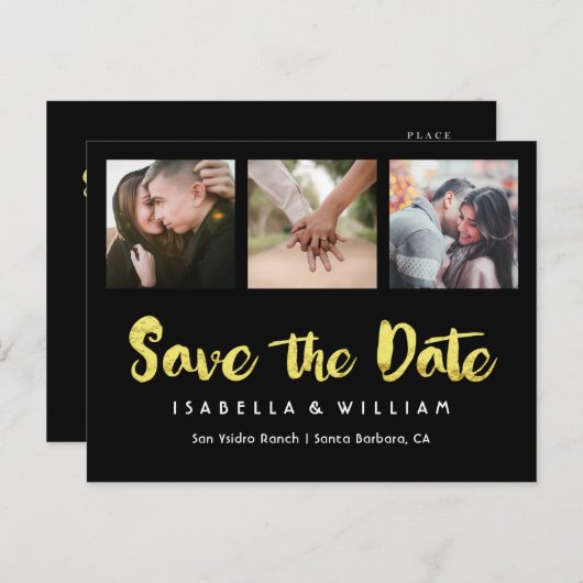 黒エレガント金箔の写真の保存日付 案内ポストカード (正面/裏面)