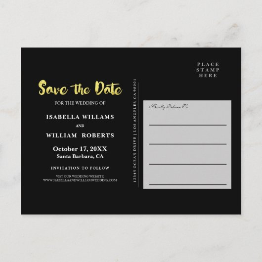黒エレガント金箔の写真の保存日付 案内ポストカード (裏面)