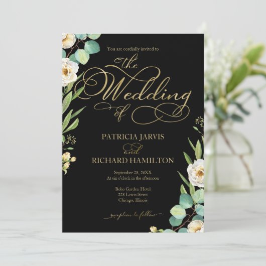 黒エレガント金箔スクリプト緑結婚色 招待状 (スタンド正面)