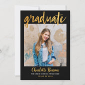 黒エレガント金箔写真卒業パーティー 招待状 (正面)