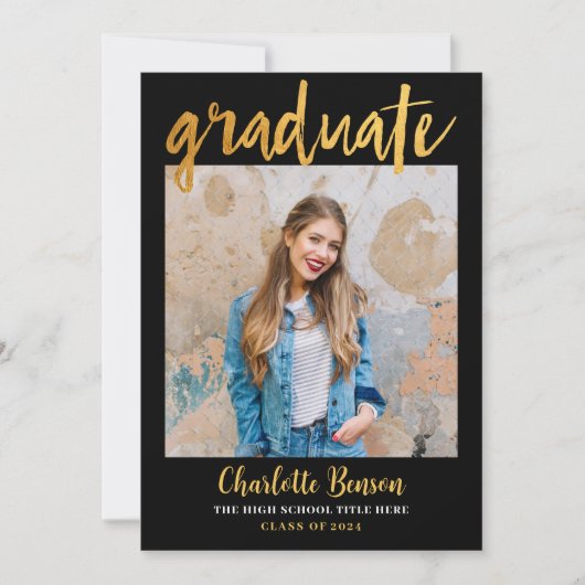 黒エレガント金箔写真卒業パーティー 招待状 (正面)