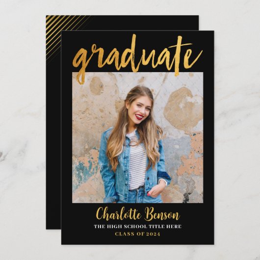 黒エレガント金箔写真卒業パーティー 招待状 (正面/裏面)