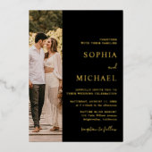 黒エレガント金箔2枚フォトQRコード結婚ズ 箔招待状 (正面)