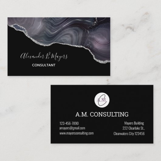 黒エレガント銀グリッターアゲートゲーデモノグラム 名刺 (正面/裏面)