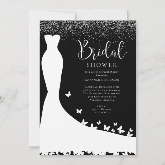 黒エレガント銀グリッターブライダルシャワー 招待状 (正面)