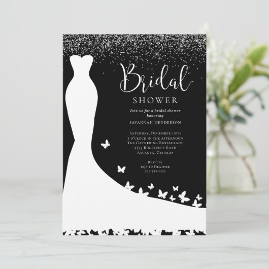 黒エレガント銀グリッターブライダルシャワー 招待状 (スタンド正面)