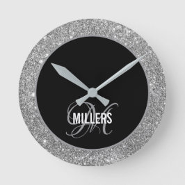 黒エレガント銀グリッターモノグラム姓 ラウンド壁時計
