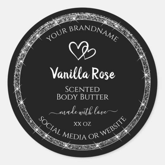 黒エレガント銀グリッター星の製品ラベル ラウンドシール (正面)