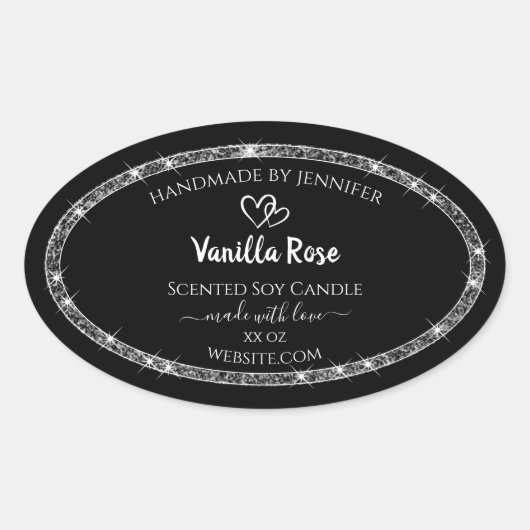 黒エレガント銀グリッター星の製品ラベル 楕円形シール (正面)