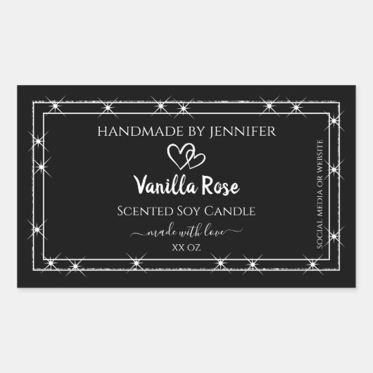 黒エレガント銀グリッター星の製品ラベル 長方形シール (正面)