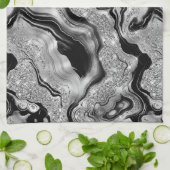 黒エレガント銀グリッター瑪瑙パターン キッチンタオル (折り畳み)