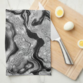 黒エレガント銀グリッター瑪瑙パターン キッチンタオル (四つ折り)