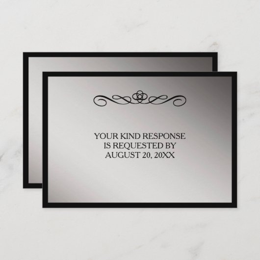 黒エレガント銀スワールウェディングRSVP 出欠カード (正面/裏面)