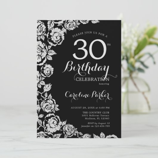 黒エレガント銀バラ30歳の誕生日パーティー 招待状 (スタンド正面)