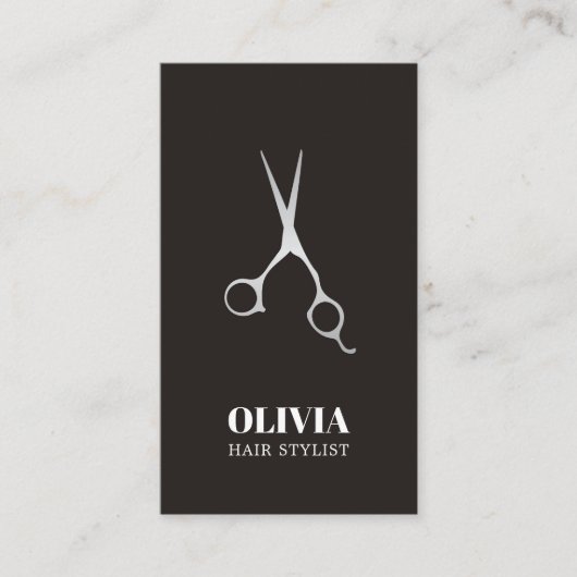 黒エレガント銀フェイクハサミ毛はっきりしたサロン 名刺 (正面)