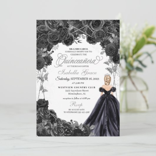 黒エレガント銀フローラキンセアニェラ・インヴィータ 招待状 (スタンド正面)