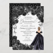 黒エレガント銀フローラキンセアニェラ・インヴィータ 招待状 (正面/裏面)
