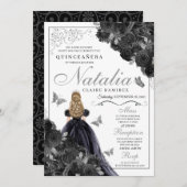 黒エレガント銀フローラキンセアニェラ・インヴィータ 招待状 (正面/裏面)
