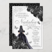 黒エレガント銀フローラキンセアニェラ 招待状 (正面/裏面)