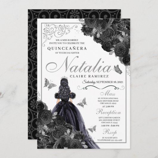 黒エレガント銀フローラキンセアニェラ 招待状 (正面/裏面)