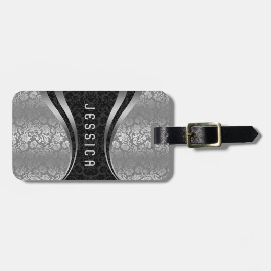 黒エレガント銀フローラダマスク模様 ラゲッジタグ (正面横)