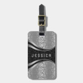 黒エレガント銀フローラダマスク模様 ラゲッジタグ (正面縦)