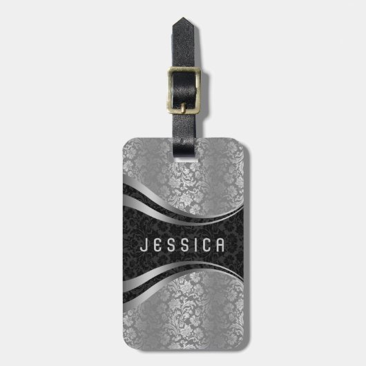 黒エレガント銀フローラダマスク模様 ラゲッジタグ (正面縦)