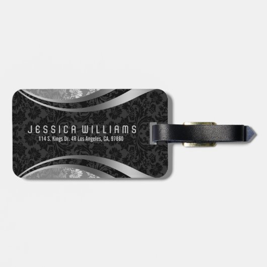 黒エレガント銀フローラダマスク模様 ラゲッジタグ (裏面横)