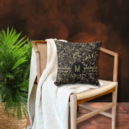 黒エレガント銀フローラモノグラム クッション