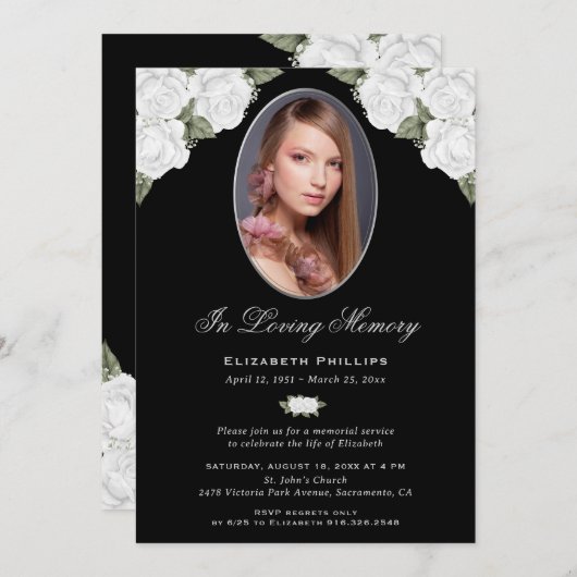 黒エレガント銀フローラ写真追悼会 招待状 (正面/裏面)