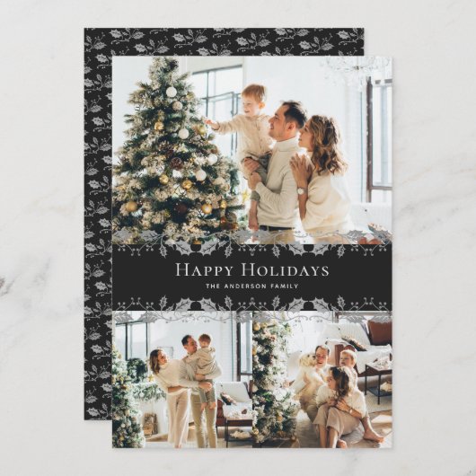 黒エレガント銀ホリーフォトハッピーホリデー シーズンカード (正面/裏面)