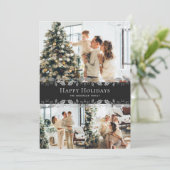 黒エレガント銀ホリーフォトハッピーホリデー シーズンカード (スタンド正面)