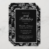 黒エレガント銀ヴィンテージ90誕生日 招待状 (正面/裏面)