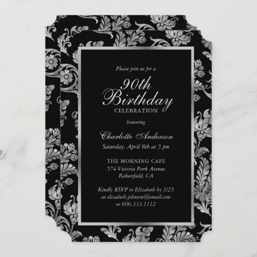 黒エレガント銀ヴィンテージ90誕生日 招待状 (正面/裏面)