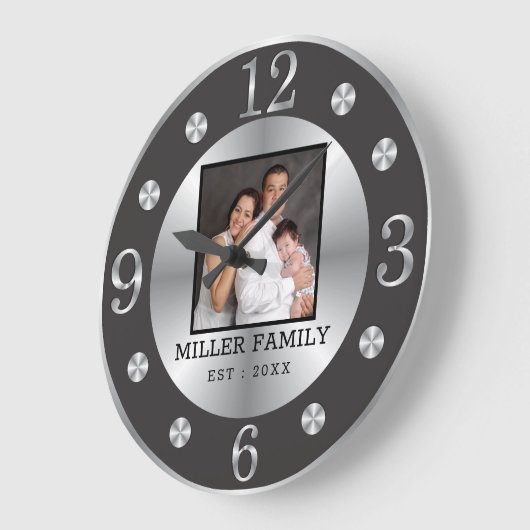 黒エレガント銀姓の写真カスタム写真 ラージ壁時計 (傾斜)