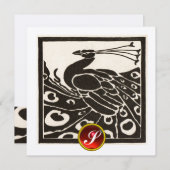 黒エレガント銀孔雀、赤ルビー宝石モノグラム 招待状 (正面/裏面)