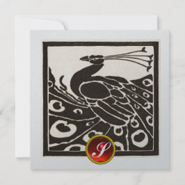 黒エレガント銀孔雀、赤ルビー宝石モノグラム 招待状