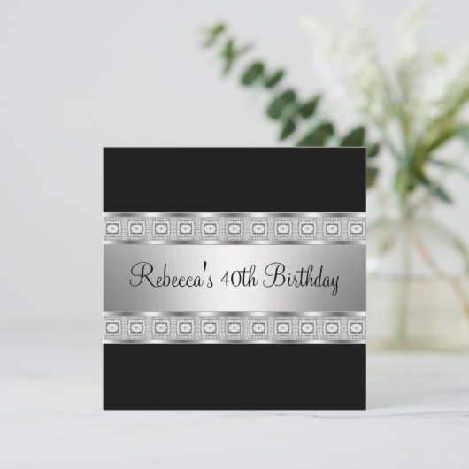 黒エレガント銀宝石40歳の誕生日 招待状 (スタンド正面)