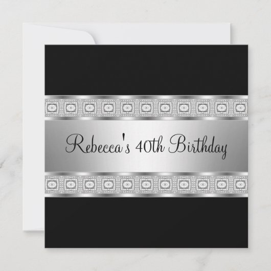 黒エレガント銀宝石40歳の誕生日 招待状 (正面)