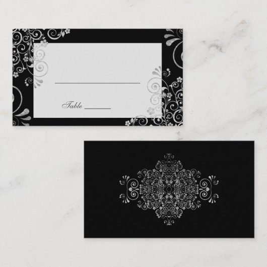 黒エレガント銀灰色の渦巻結婚き プレイスカード (正面/裏面)