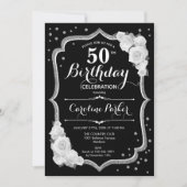 黒エレガント銀白写真第50誕生日 招待状 (正面)