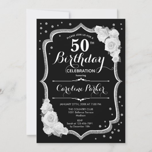 黒エレガント銀白写真第50誕生日 招待状 (正面)
