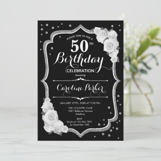 黒エレガント銀白写真第50誕生日 招待状 (スタンド正面)