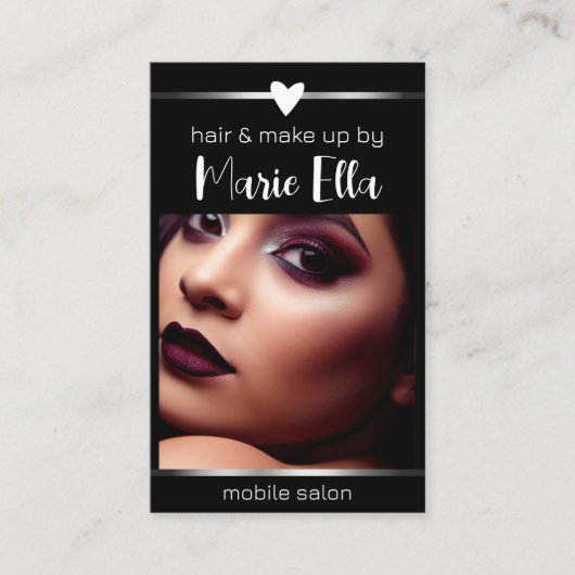 黒エレガント銀線フォトQRコードテンプレート 名刺 (正面)