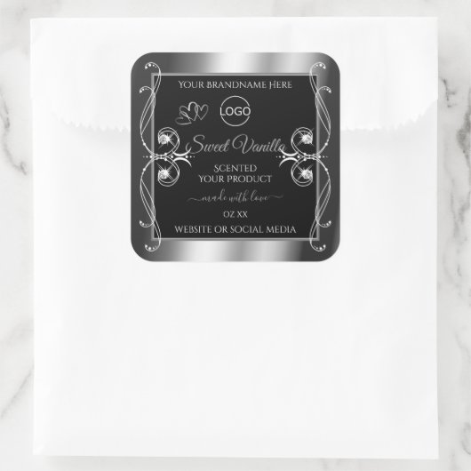 黒エレガント銀製品ラベルのダイヤモンドのロゴ スクエアシール (バッグ)