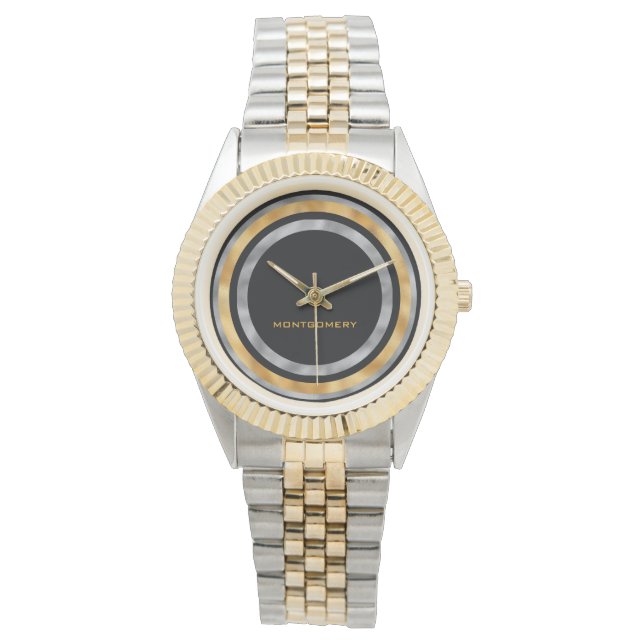 黒エレガント銀金箔パーソナライズされた 腕時計 (正面)