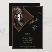 黒エレガント銅マルディグラのマスクパーティー 招待状 (正面/裏面)